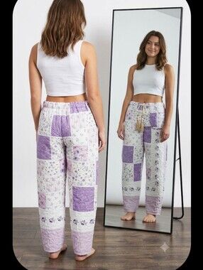 Upcycled Quilt Blanket Barrel Pants S-L Lavender Floral Dont Throw It Out